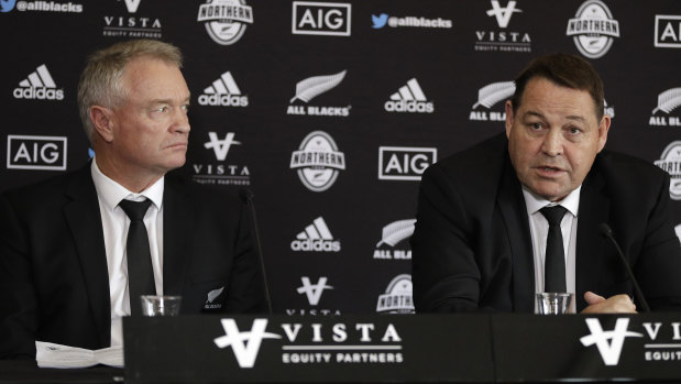 Extended squad: New Zealand coach Steve Hansen (right) and selector Grant Fox reveal the touring party.