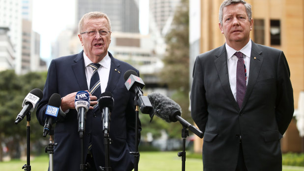 President of the Australian Olympic Committee John Coates speaks to the media with Australian Olympic Committee chief executive Matt Carroll last year.