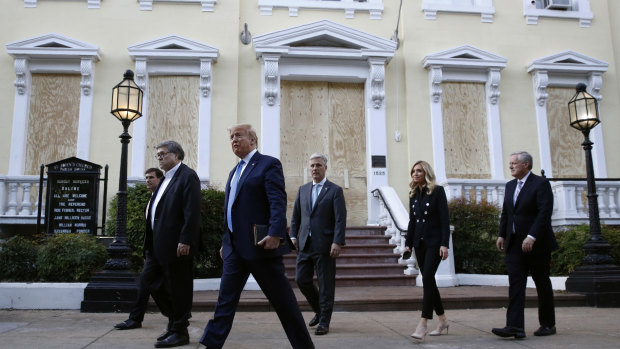 May signal the end of the US democracy, said one general: President Donald Trump departs after visiting outside St. John's Church across Lafayette Park from the White House.