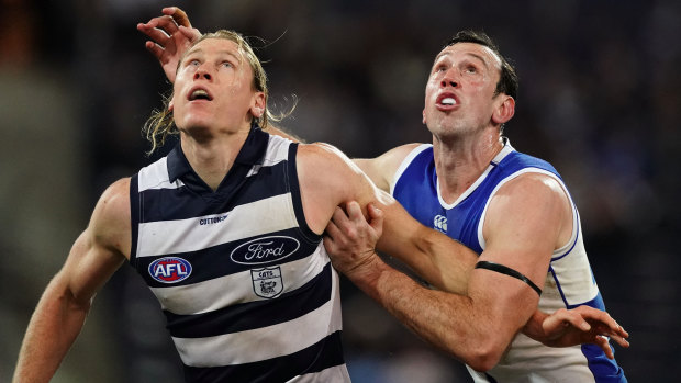 Tapping out: Geelong coach chose Mark Blicavs to ruck against the Roos over usual first-choice option Ryhs Stanley.
