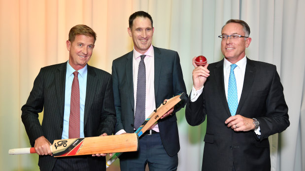 Seven West Media CEO Tim Worner, Cricket Australia CEO James Sutherland and Sports CEO Patrick Delaney at the announcement last week.