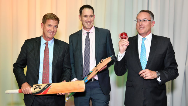 Seven West Media CEO Tim Worner, Cricket Australia CEO James Sutherland and Sports CEO Patrick Delaney at their mega-broadcast deal announcement.