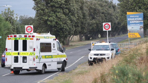 A St John Ambulance arrives at Whakatane Airport during a recovery operation to retrieve the remaining bodies.