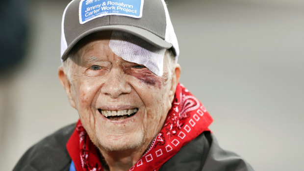 Former President Jimmy Carter answers questions during a news conference at a Habitat for Humanity project, in Nashville, Tennessee in early October.