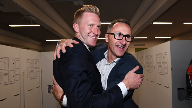 Greens candidate for Higgins Jason Ball and Australian Greens leader Richard Di Natale.