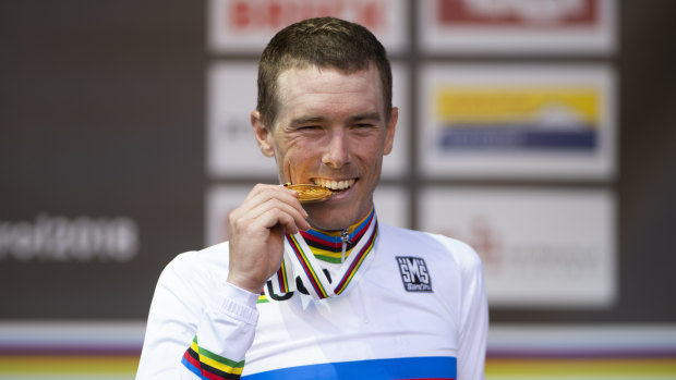 Gold: Rohan Dennis after winning the 2018 world championship time trial. 