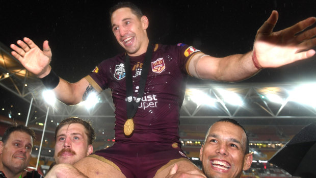 Billy Slater of the Maroons is chaired from the field.