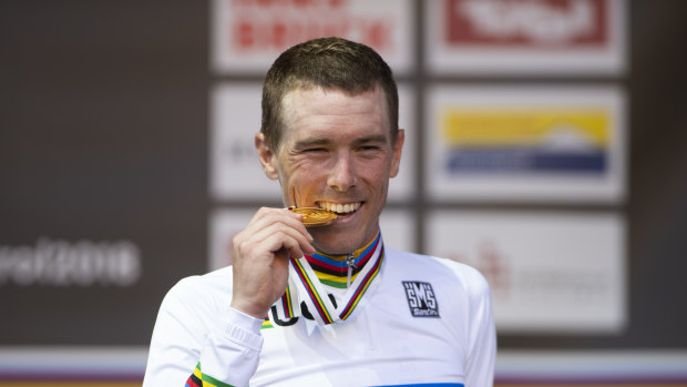 Gold: Rohan Dennis after winning the world championship time trial. 