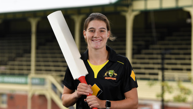 Annabel Sutherland at the naming the Australian squad for the Women's T20 World Cup.