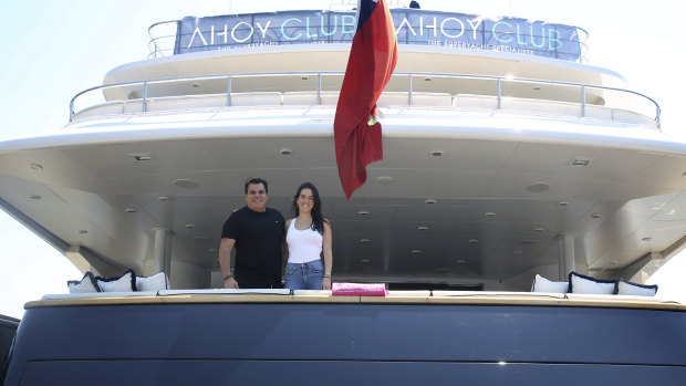Ahoy Club director Ian Malouf and head of charter Ellie Malouf on board luxury super-yacht MV Mischief in Sydney.