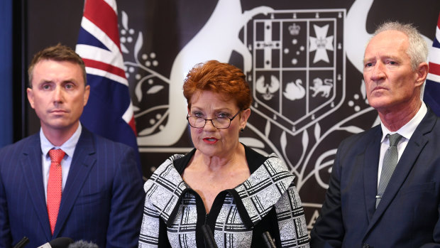 Queensland senator and One Nation leader Pauline Hanson, flanked by party officials James Ashby and Steve Dickson on Thursday.