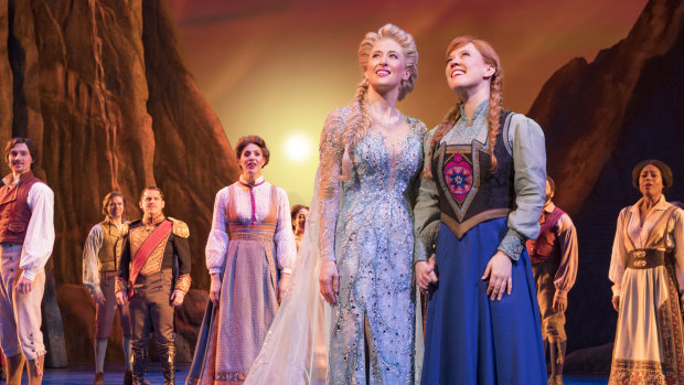 Caissie Levy (Elsa), Patti Murin (Anna) and the company of Frozen on Broadway.