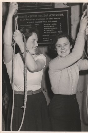 Enid Roberts (left) and Pauline Wilton in England in 1953, before the Queen’s coronation. The bells were rung to celebrate their 21st birthdays.