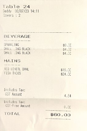 The bill for the Blue Swimmer restaurant.