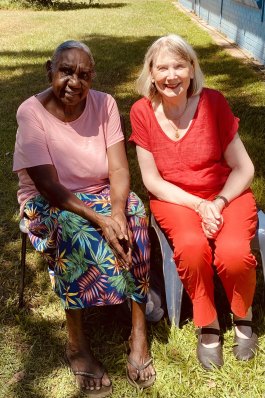 Dr Miriam-Rose Ungunmerr-Baumann (left) and writer Stephanie Dowrick at Nauiyu Nambiyu (Daly River) in the Northern Territory.