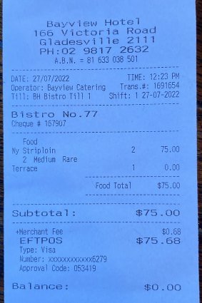 The receipt for the Herald’s lunch with Andrew Redmayne.