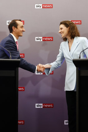 Liberal MP Dave Sharma and independent rival Allegra Spender shake hands at this week’s debate in the seat of Wentworth.