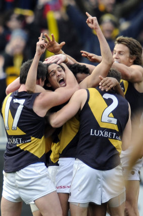 Richmond’s Jordan McMahon who kicked a goal after the siren to win the game.