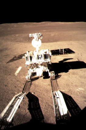 Jade Rabbit, China's lunar rover, leaves wheel marks after leaving the lander that touched down on the surface of the far side of the moon.