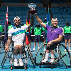 Heath Davidson and Dylan Alcott celebrate their victory.