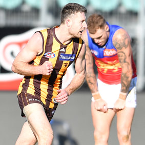 Liam Shiels celebrates a goal for the Hawks.