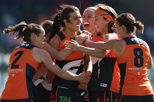 First-gamer Eilish O’Dowd kicks a goal for GWS in the AFLW clash against the Western Bulldogs.