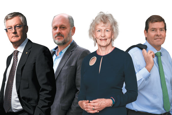 Under fire (from left): Martin Parkinson, Tim Flannery, Jillian Broadbent and Oliver Yates.