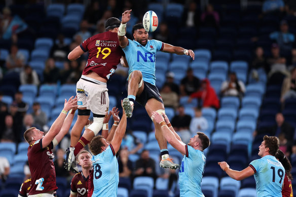 Taleni Seu wins a lineout for the Waratahs.