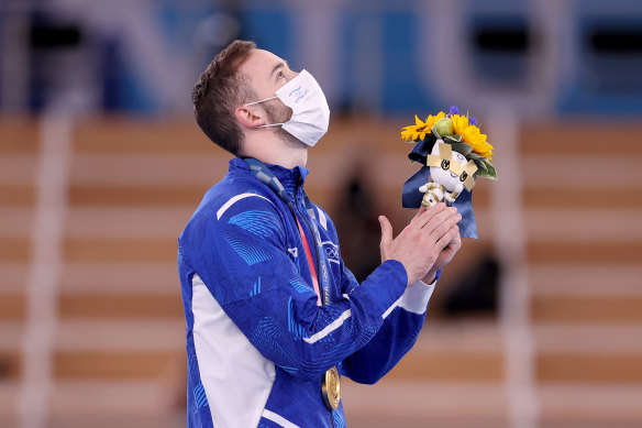 Artem Dolgopyat on the podium after winning Israel’s second-ever Olympic gold medal and first in artistic gymnastics. 