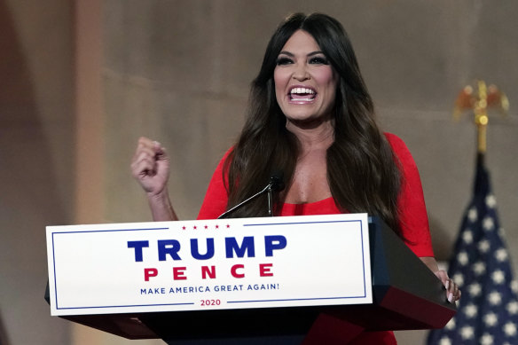 Kimberly Guilfoyle speaks as she tapes her speech for the first day of the Republican National Convention from the Andrew W. Mellon Auditorium in Washington.