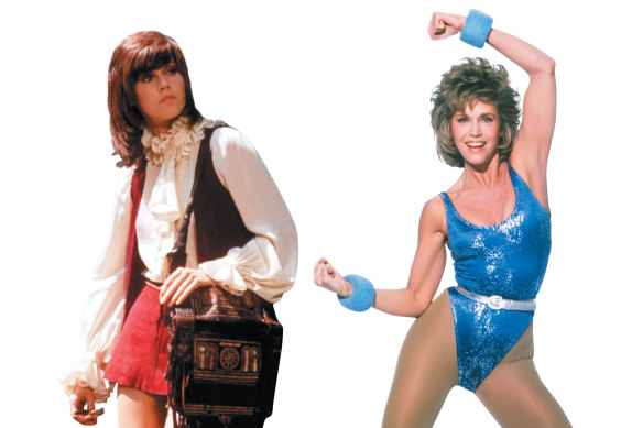 As callgirl Bree Daniels in Klute in 1971, left, with the much-imitated haircut; and right, the '80s aerobics queen.