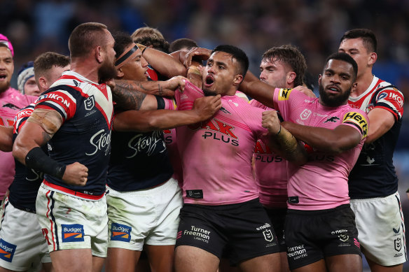 Jared Waerea-Hargreaves, pictured scuffling with now-Roosters teammate Spencer Leniu, will leave an indelible void at the club.