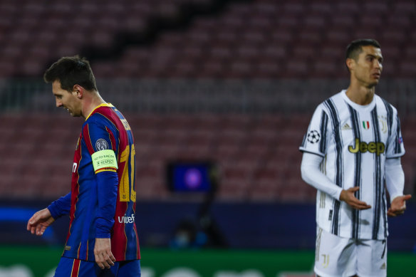 Lionel Messi and Cristiano Ronaldo in a Barcelona-Juventus Champions League encounter.