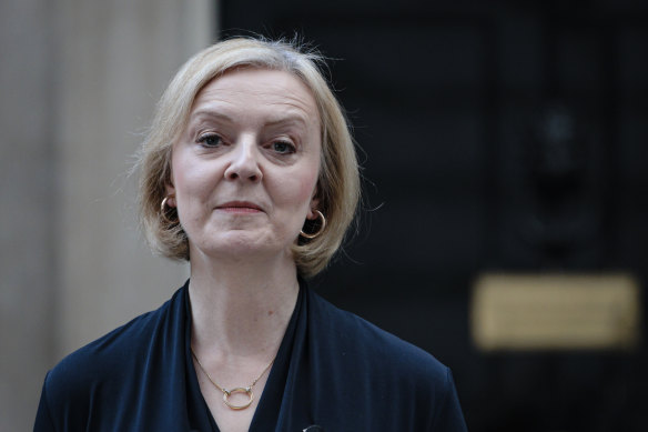 Liz Truss announces her resignation as British prime minister outside 10 Downing Street in London.
