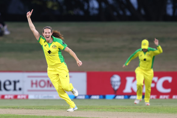 Megan Schutt celebrates a wicket during an ODI in April, just before her break from the international game.
