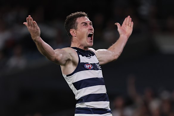 Jeremy Cameron celebrates one of his four goals against Adelaide.