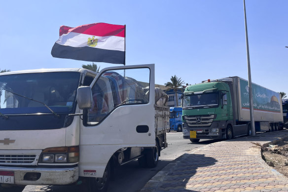 A humanitarian aid convoy for the Gaza Strip is parked in Arish, Egypt.