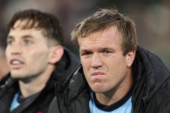 Blues skipper Jake Trbojevic looks on from the bench during Origin II.