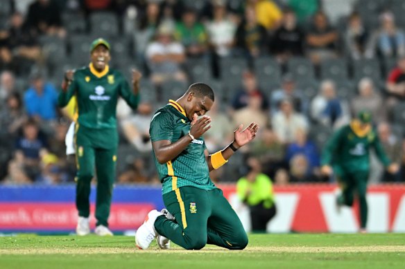 Lungi Ngidi celebrates a key wicket for South Africa.