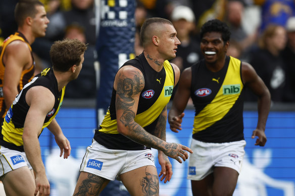 Dustin Martin celebrates a goal.