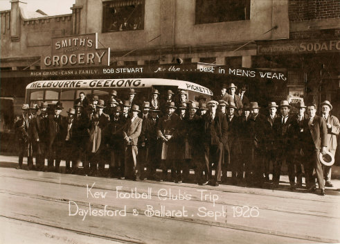 Members of Kew Football Club pictured outside the Bob Stewart shop in Kew in 1926, the year after it opened as a menswear shop. Shop founder Bob Stewart snr is at far right, holding his hat. 