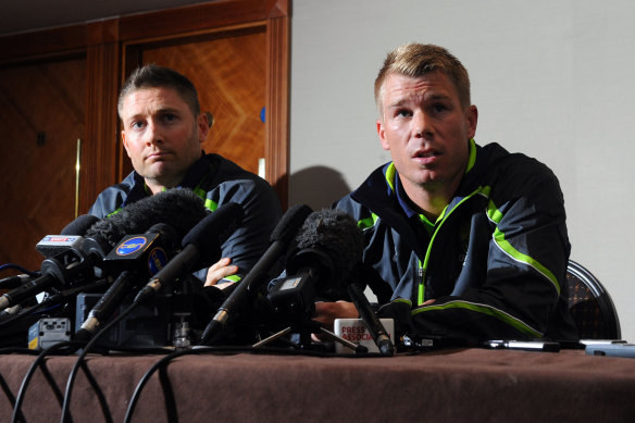 David Warner fronts a press conference after his altercation in a pub with England’s Joe Root during the 2013 Ashes tour.