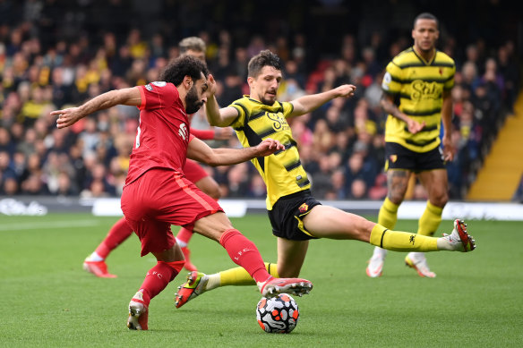 Mohamed Salah takes on Watford’s defence en route to goal.