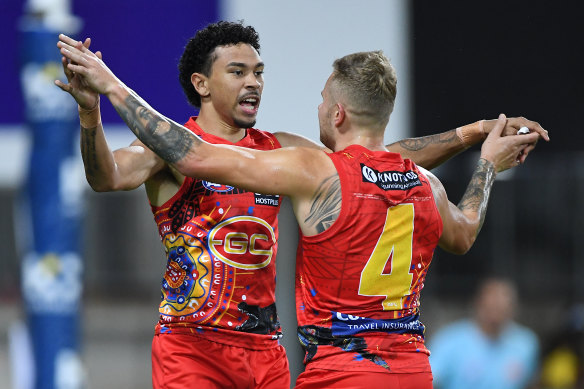 Malcom Rosas celebrates a goal in his side’s win over Hawthorn.