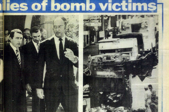 Coverage of Hilton bombing with Peter McMahon and Premier Neville Wran leaving the funeral service of a victim, 1978.