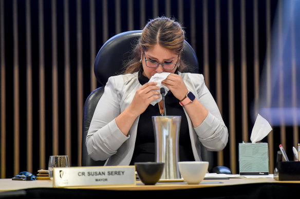 Susan Serey fights back tears at a Casey council meeting in 2020. The council was about to be sacked.
