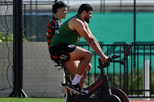 Latrell Mitchell (left) and his brother Shaq Mitchell (right) at South Sydney Rabbitohs training on Tuesday