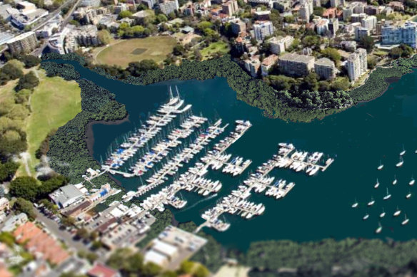 An impression provided by Colin Finn of what a rewilded Rushcutters Bay might look like with mangroves, oyster reefs and a naturalised canal.