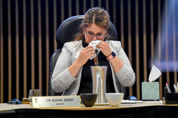 Casey mayor Susan Serey fights back tears at Tuesday night's final council meeting.