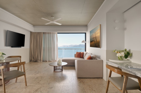 Ardo’s expansive ocean corner suites are 73 square metres of travertine, terrazzo and exposed concrete ceilings.